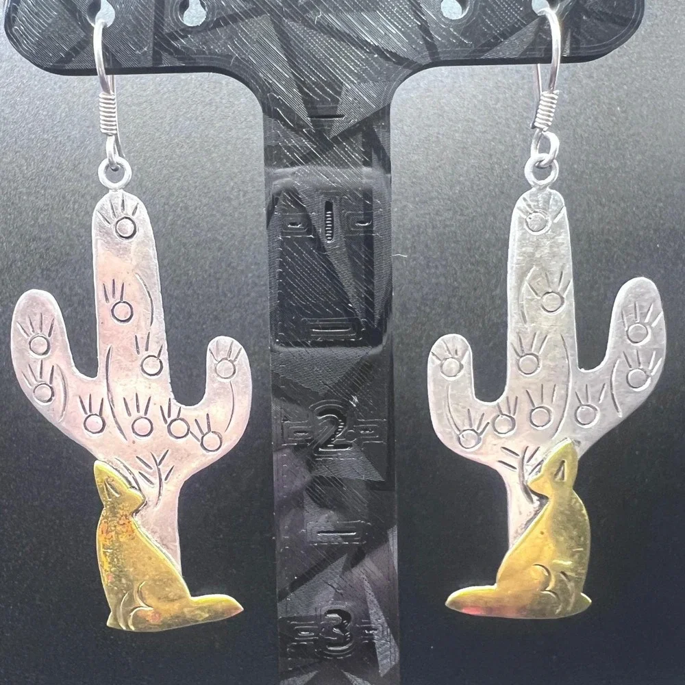 Vtg Sterling Silver Copper TAXCO‎ Mexico Earrings Cactus Wolf Dangling 12.7g 3